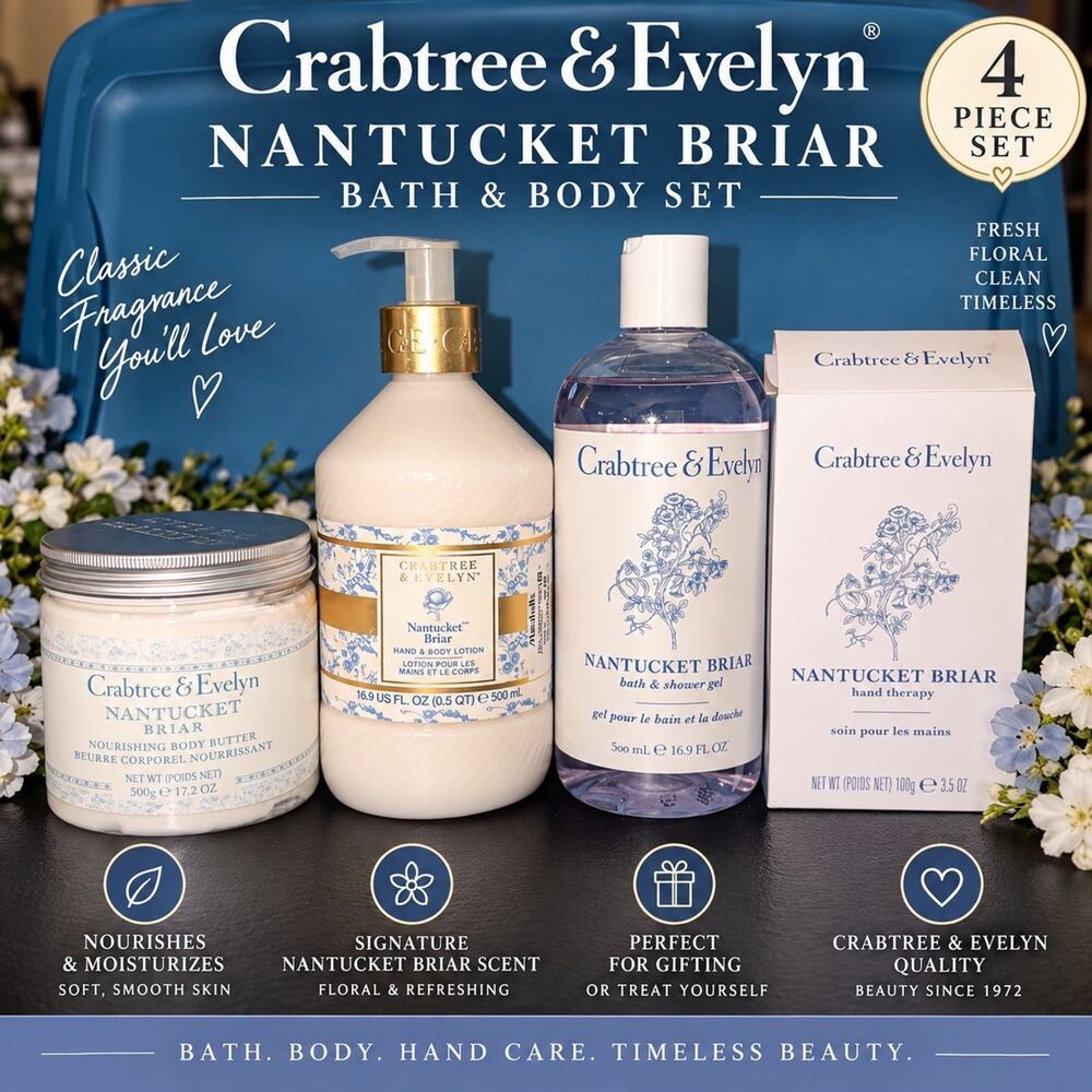Crabtree & Evelyn Nantucket Briar 4-Piece Bath Body Set Lotion Butter Gel Cream